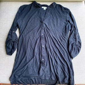 James Perse Black Knit Top Mandarin Style Collar Tab Sleeves Tee Shirt